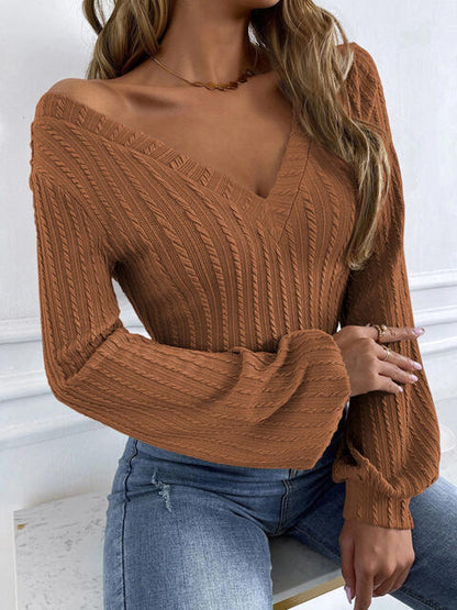 Ribbed V-Neck Lantern Sleeve Top