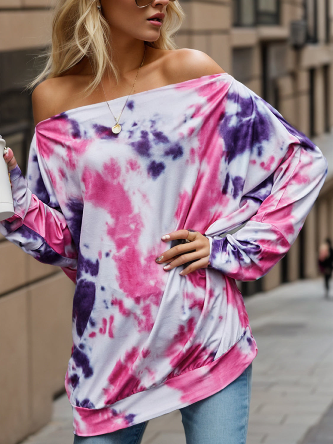 Tie-Dye Off-Shoulder Long Sleeve Blouse