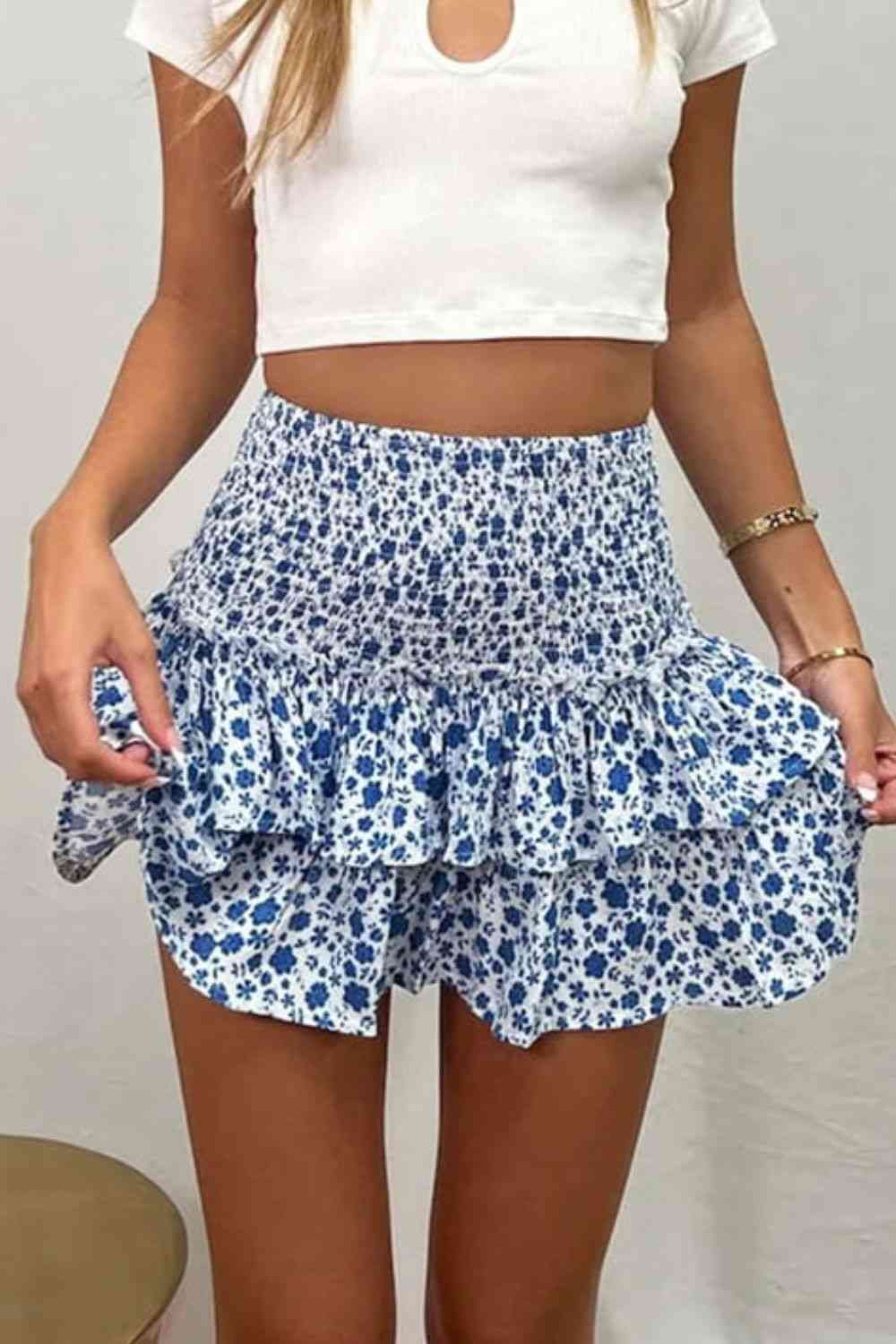 Printed Frill Trim Smocked Mini Skirt