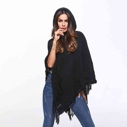 Openwork Fringe Hem Hooded Poncho