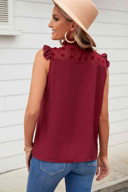 Swiss Dot Buttoned Ruffle Trim Tank