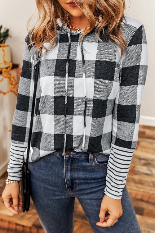 Plaid Drawstring Long Sleeve Hoodie