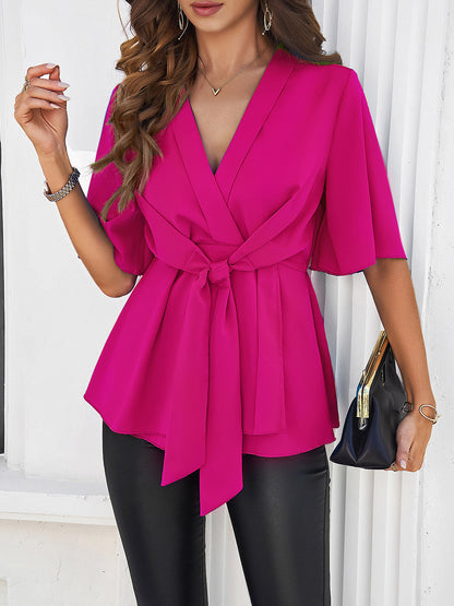 Surplice Tie Waist Half Sleeve Blouse