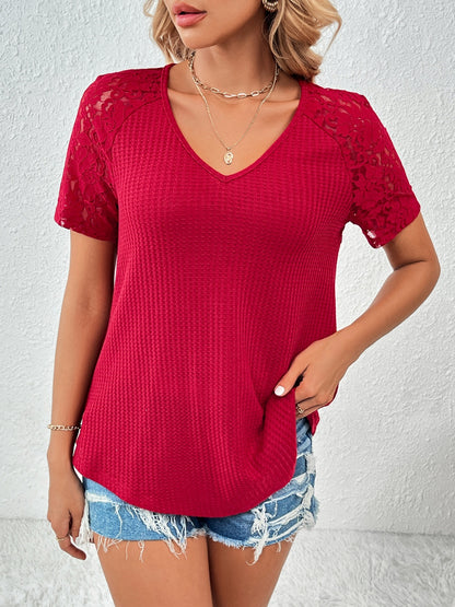 Lace Detail V-Neck Short Sleeve T-Shirt