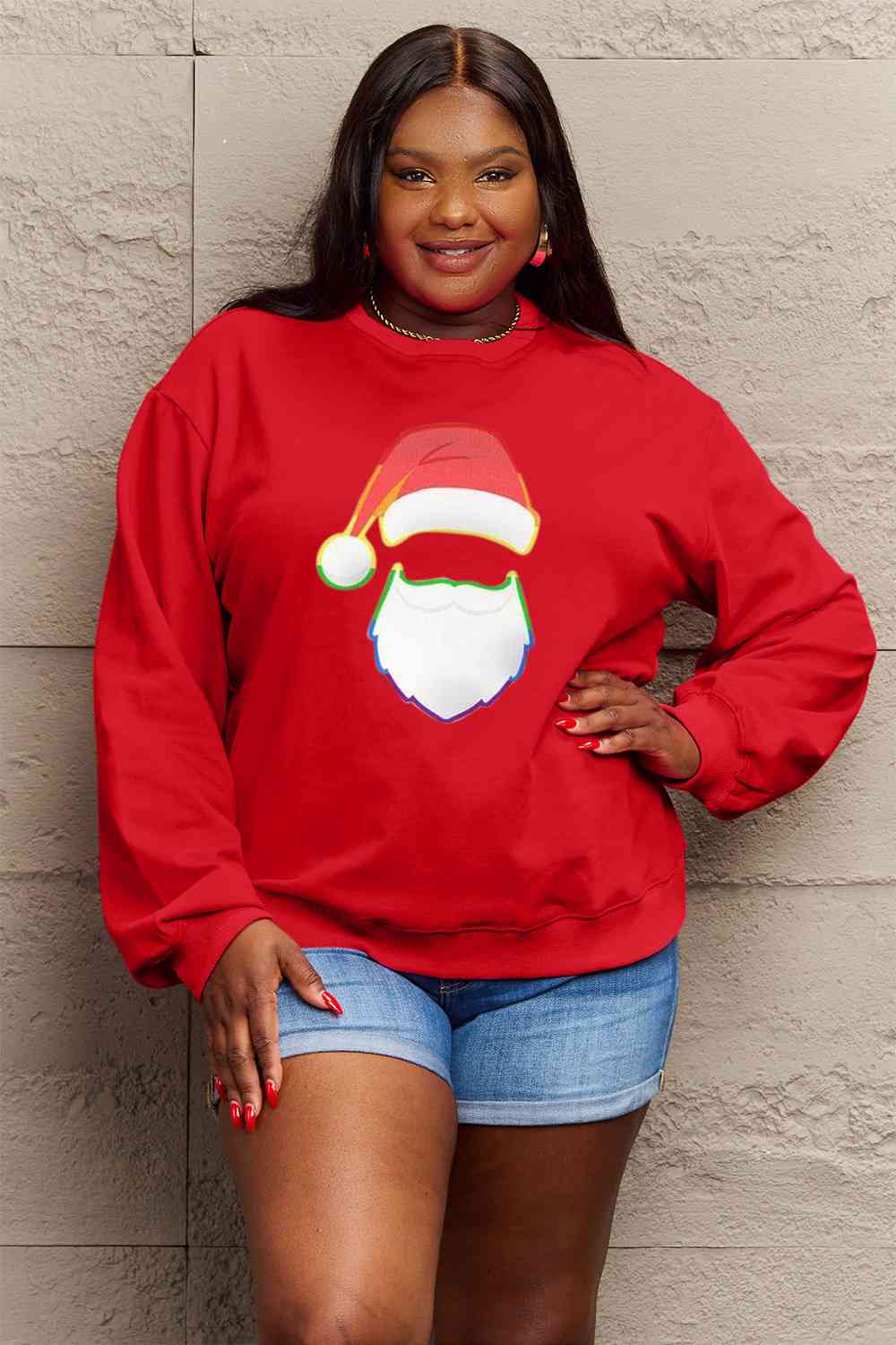 Simply Love Full Size Rainbow Santa Graphic Round Neck Sweatshirt