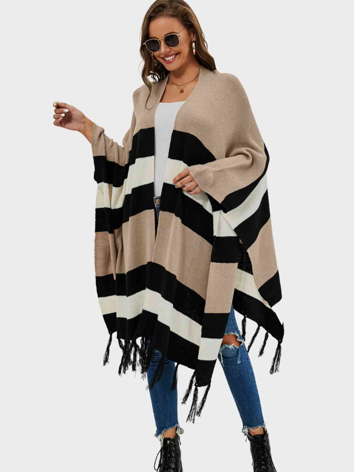 Striped Open Front Fringe Cardigan