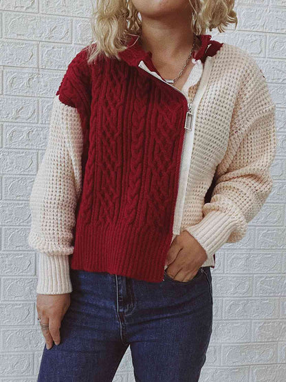 Cable-Knit Contrast Zip-Up Cardigan