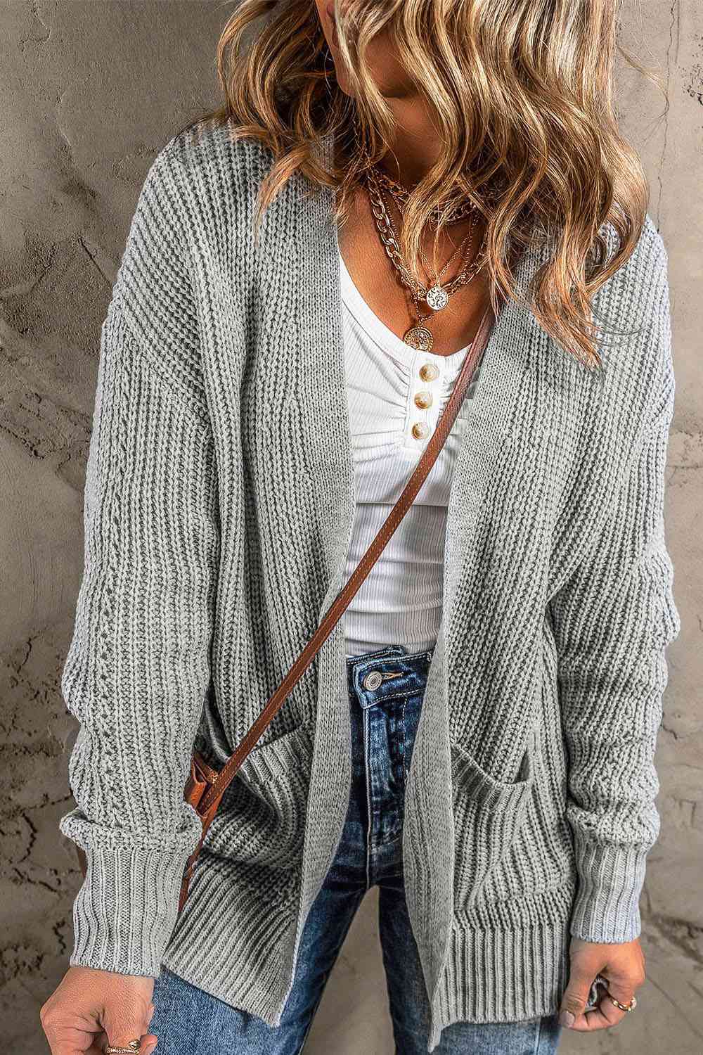 Open Front Long Sleeve Cardigan with Pockets