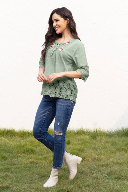 Tie Neck Lace Detail Half Sleeve Blouse