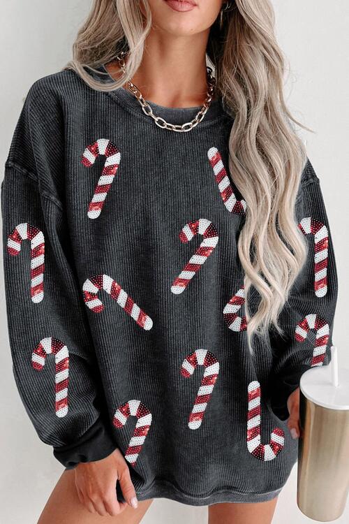 Sequin Candy Cane Round Neck Sweatshirt