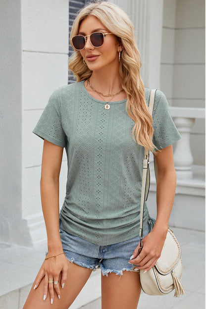 Eyelet Round Neck Short Sleeve T-Shirt