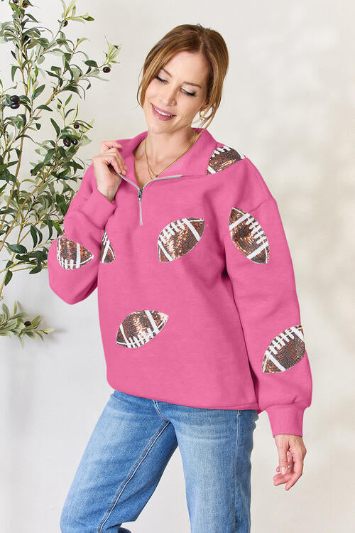 Double Take Full Size Sequin Football Half Zip Long Sleeve Sweatshirt