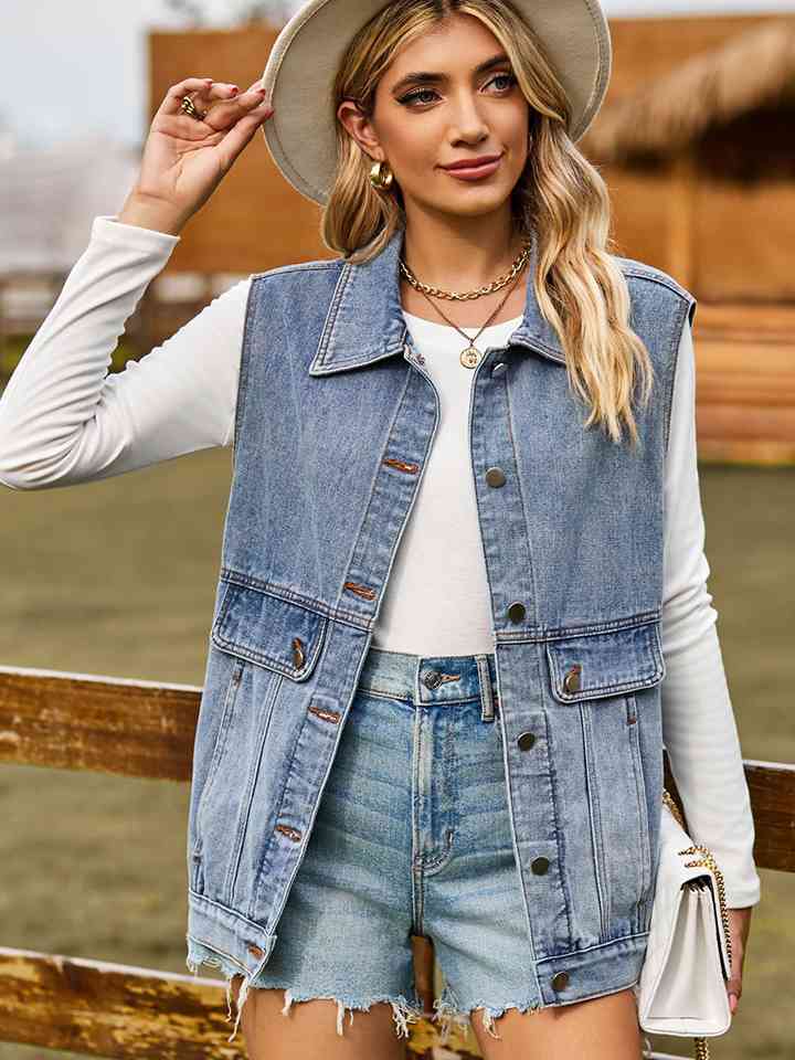 Sleeveless Denim Jacket with Pockets