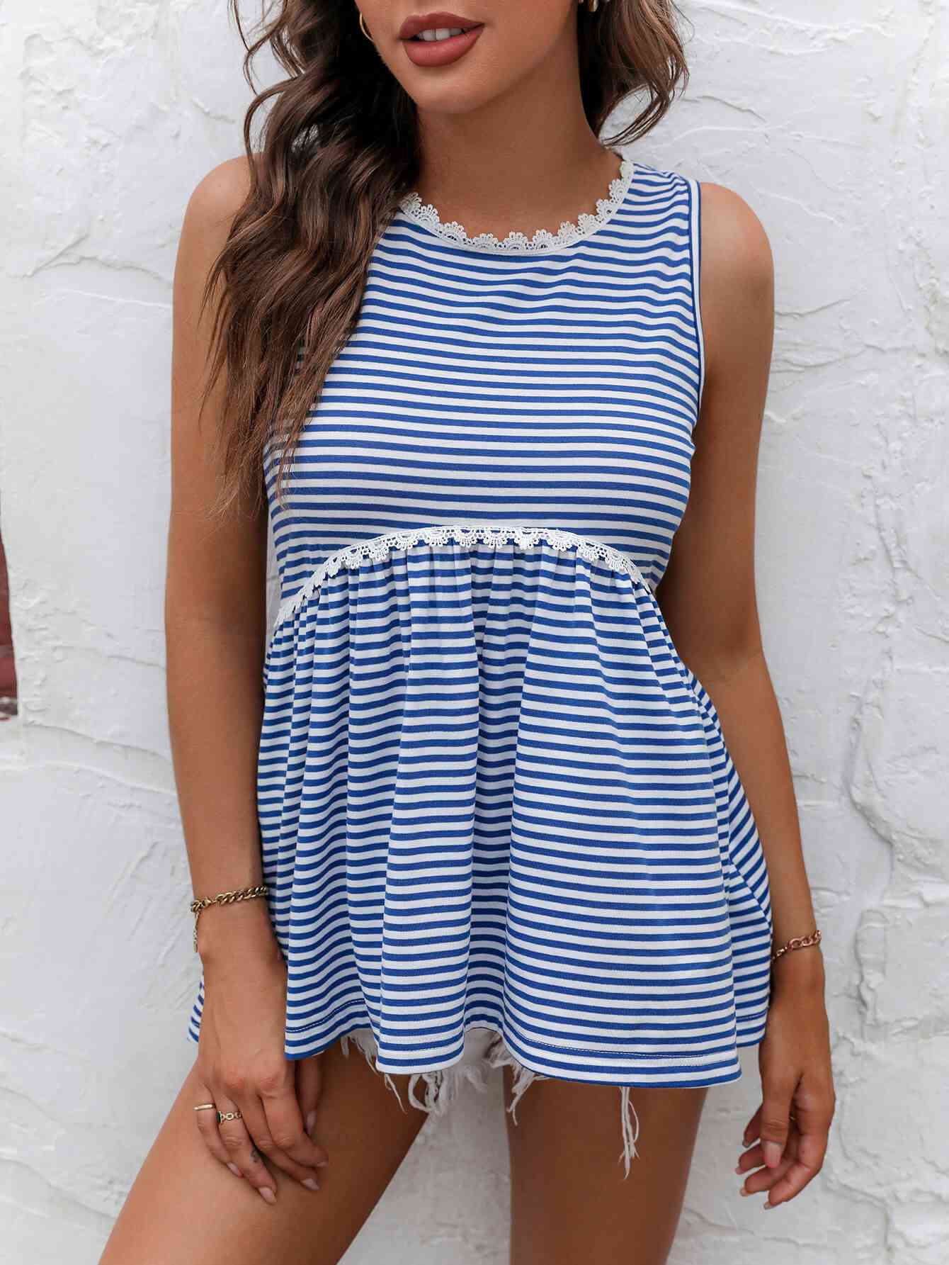 Striped Lace Trim Round Neck Tank