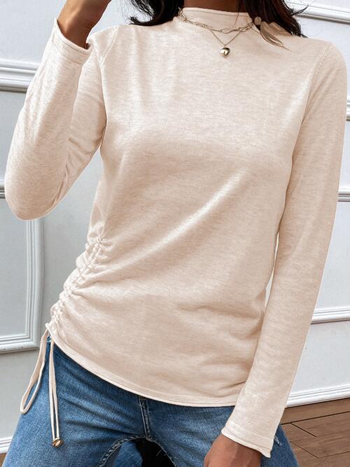 Drawstring Mock Neck Long Sleeve T-Shirt