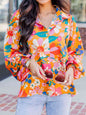 Floral Print Collared Neck Lantern Sleeve  Shirt