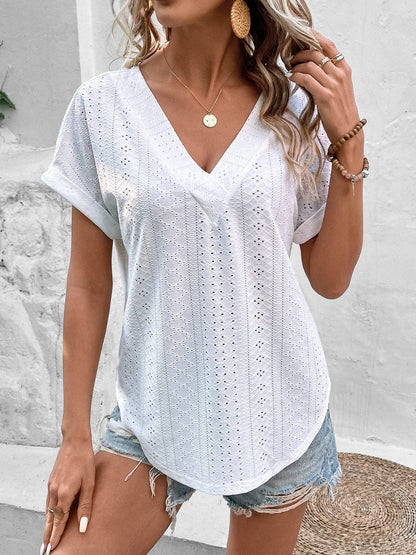 Eyelet V-Neck Short Sleeve Blouse