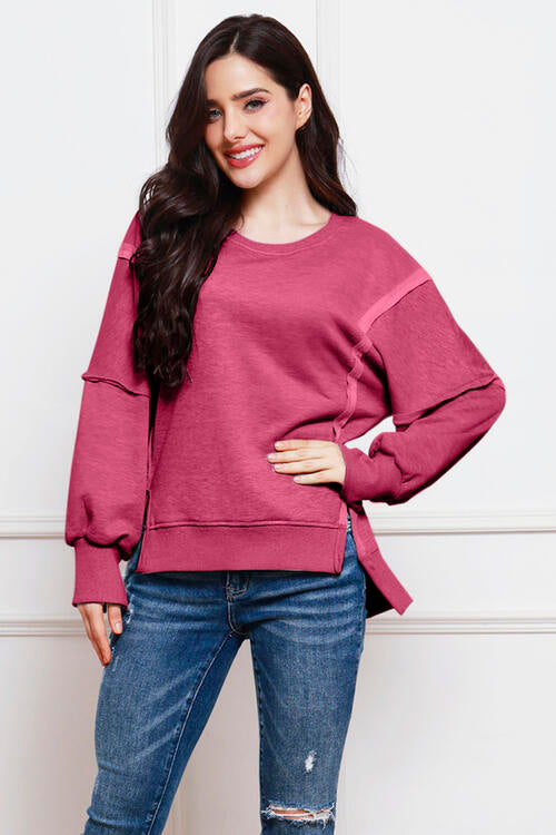 Exposed Seam High-Low Slit Sweatshirt