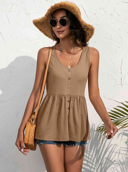 Decorative Button Scoop Neck Tank