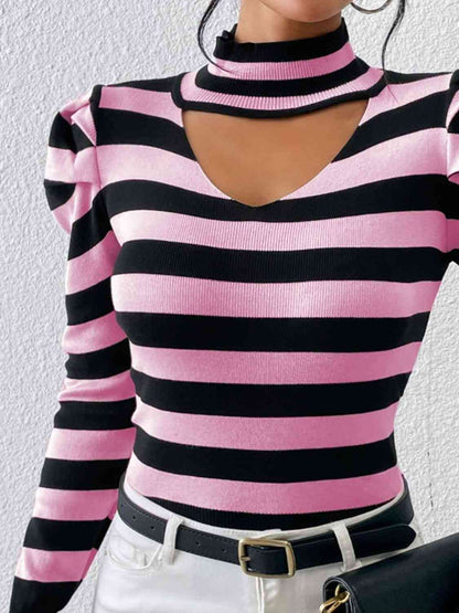 Striped Cutout Mock Neck Knit Top