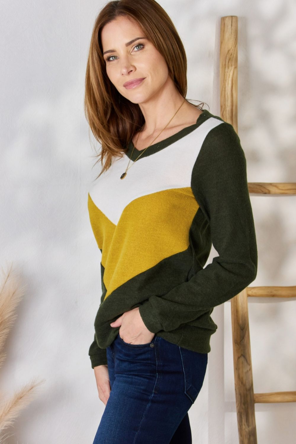 Hailey & Co Full Size Colorblock V-Neck Blouse