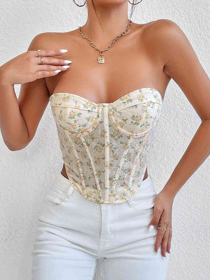 Floral Lace-Up Strapless Bustier