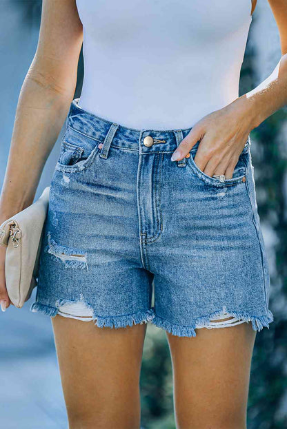 Distressed Raw Hem Denim Shorts with Pockets