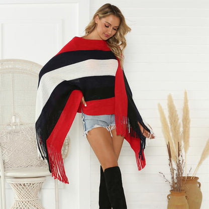 Striped Fringe Trim Poncho