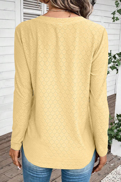 Eyelet V-Neck Long Sleeve T-Shirt