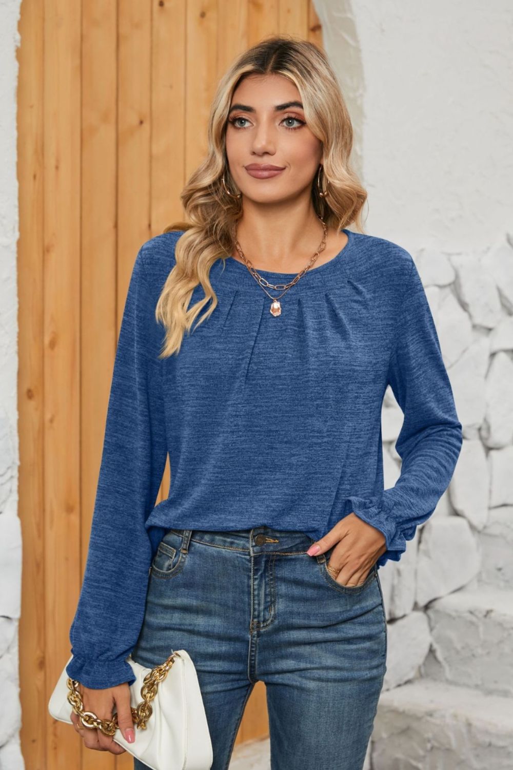 Ruched Round Neck Flounce Sleeve T-Shirt