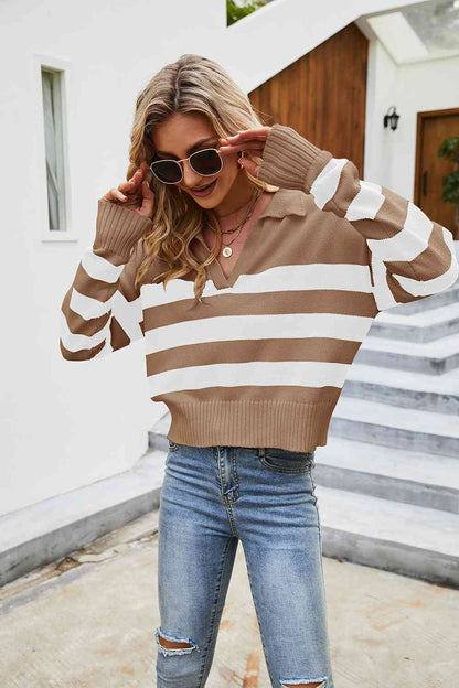 Striped Collared Neck Drop Shoulder Knit Top