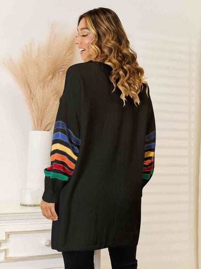 Striped Open Front Dropped Shoulder Cardigan