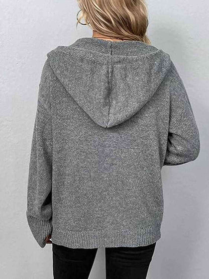 Button Up Drawstring Long Sleeve Hooded Cardigan