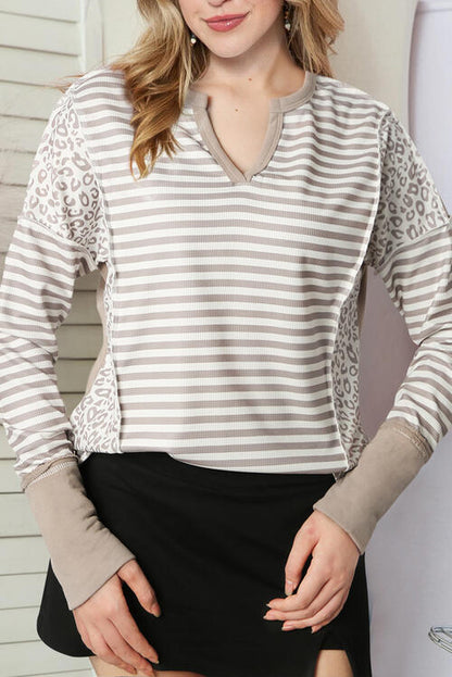 Exposed Seam Striped Notched Blouse