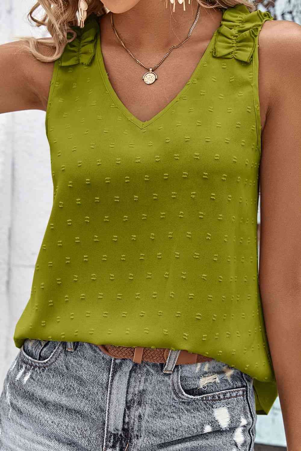 Swiss Dot Shoulder Detail V-Neck Tank