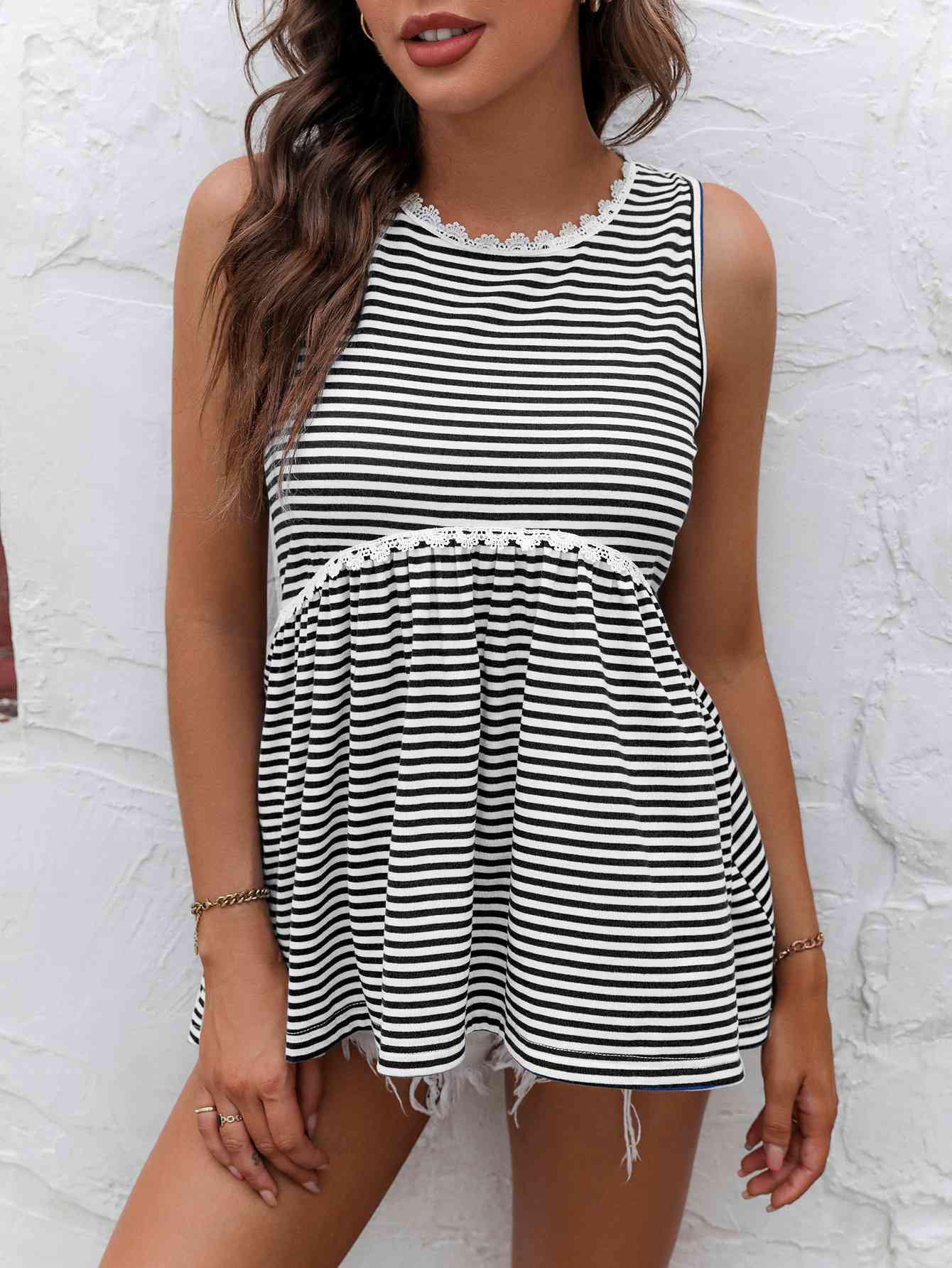 Striped Lace Trim Round Neck Tank