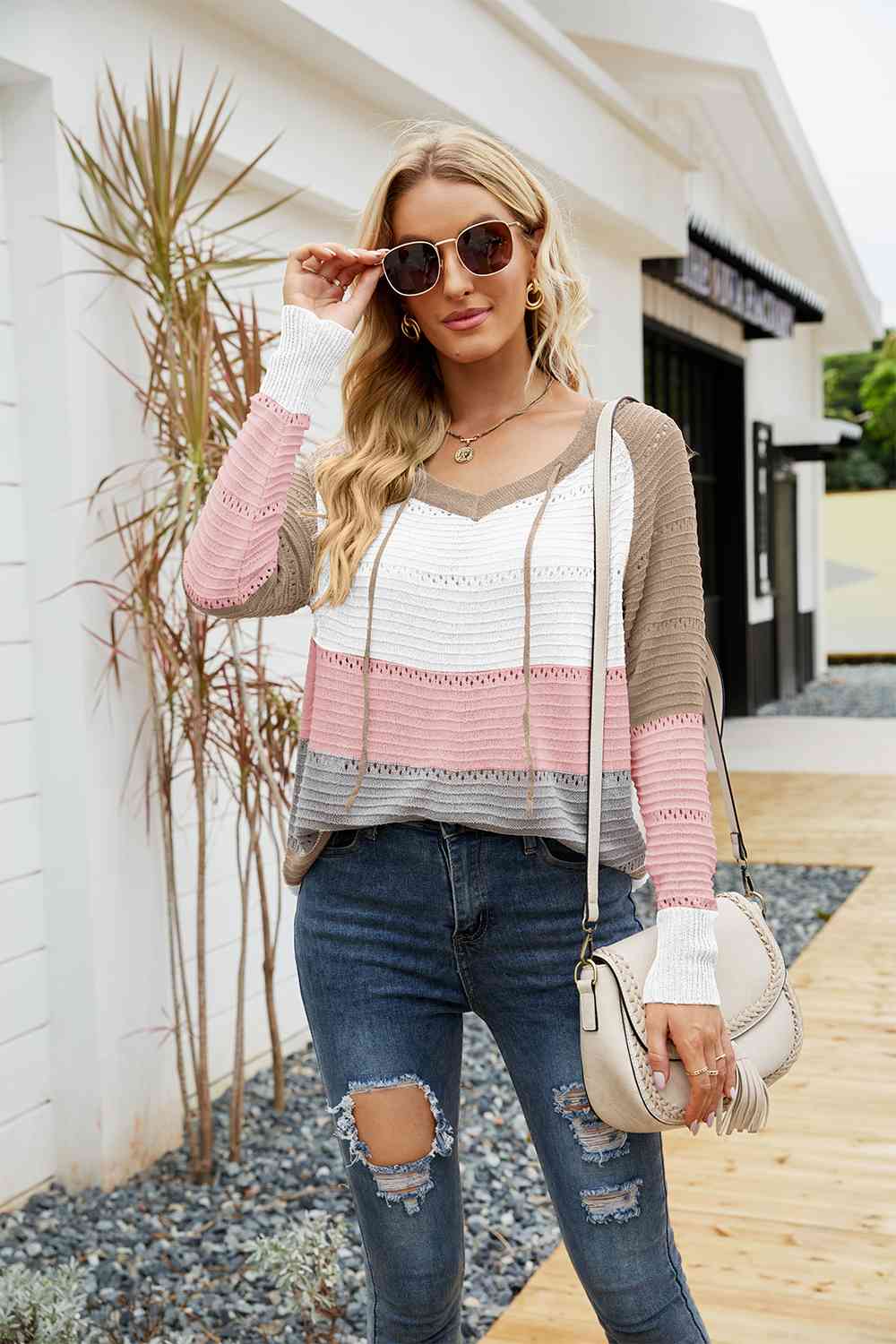 Color Block Drawstring Hooded Sweater