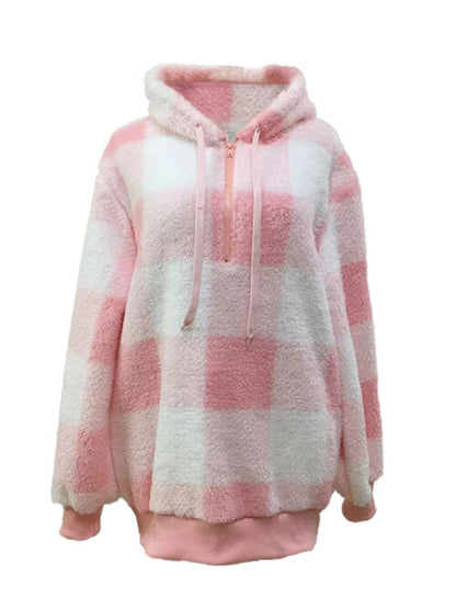 Plaid Half Zip Drawstring Hoodie