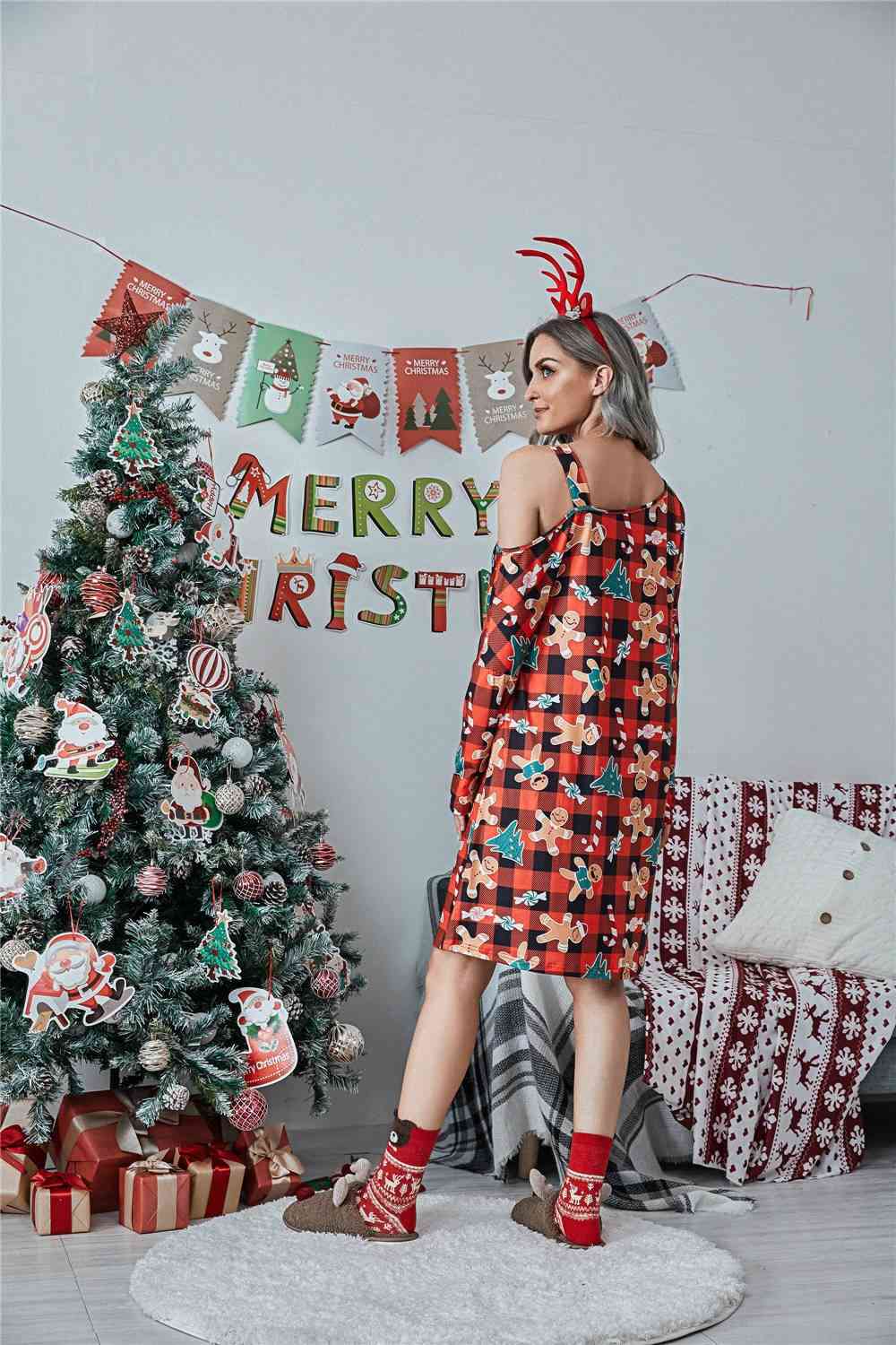 Christmas Asymmetrical Neck Long Sleeve Dress