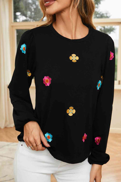 Flower Round Neck Balloon Sleeve Blouse