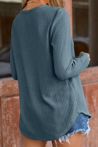 Waffle-Knit Notched Long Sleeve Blouse